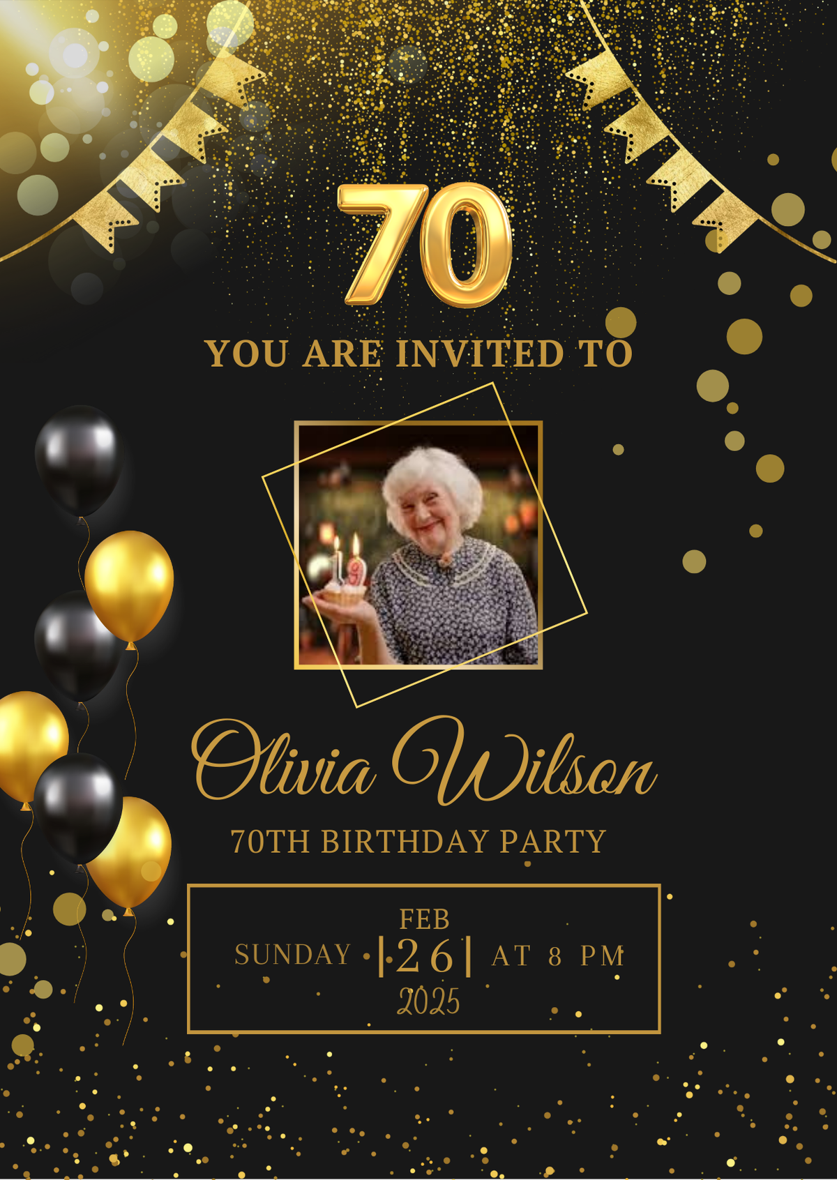 70th Birthday Party Card Invitation - 70th Birthday  Adult Party Digital Invite
