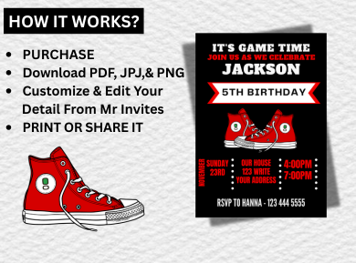 Personalized Red Sneaker Ball Digital Invitation - Stylish Birthday Card Invitation
