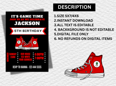 Personalized Red Sneaker Ball Digital Invitation - Stylish Birthday Card Invitation