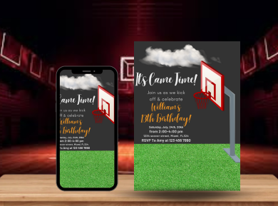 Custom Basketball Digital Birthday Card Invitation - Personalized Theme Party Invites