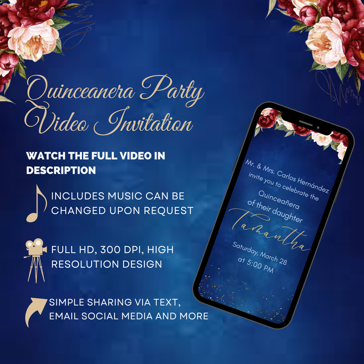 Royal Blue &amp; Burgundy Floral Quinceañera Video Invitation - Elegant Quince Años Digital Invite