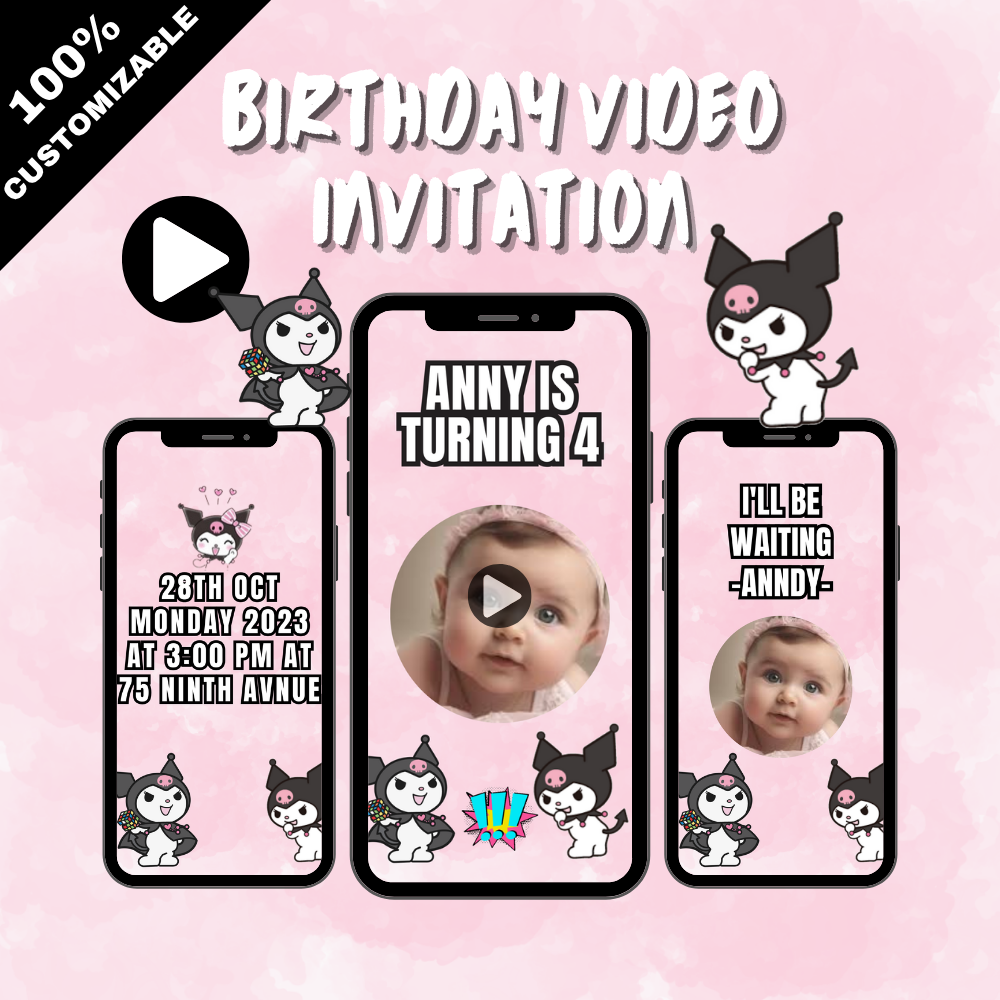 Trendy &amp; Cute Kuromi Video Birthday Invitation – Animated Fun for a Day to Remember