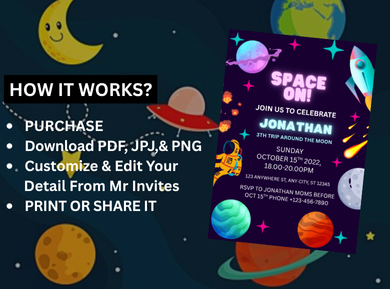 Outer Space Kids Birthday Party Digital Invitation - Digital Space Themed Party Card Invite