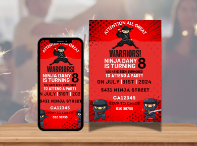 African American Ninja Boy Birthday Card Invitation - Custom Party Digital Invite