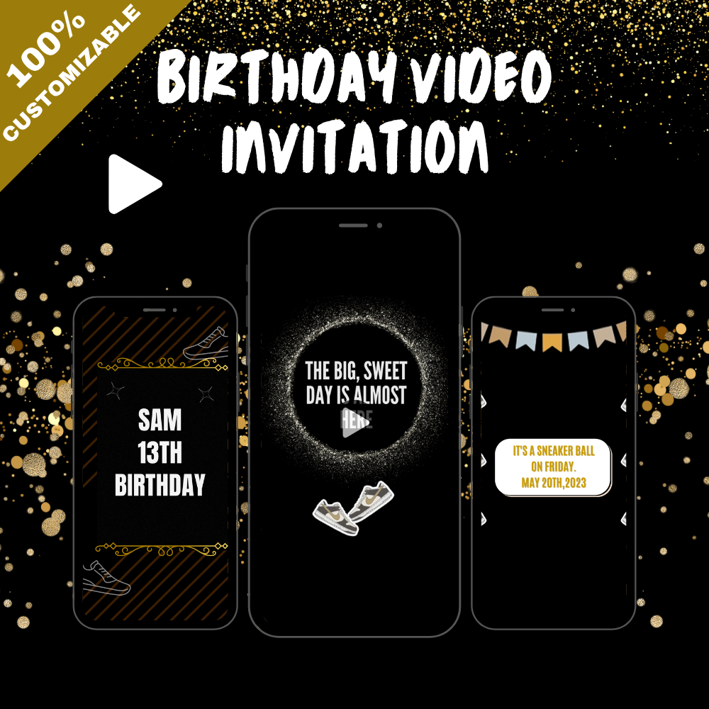 Turn Heads with a Glam Sneaker Ball party Video Invitation – Golden Birthday Video Invites