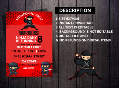 African American Ninja Boy Birthday Card Invitation - Custom Party Digital Invite