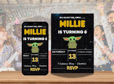 Custom Baby Yoda Birthday Card Invitation - Adorable Star Wars Digital Card Invite
