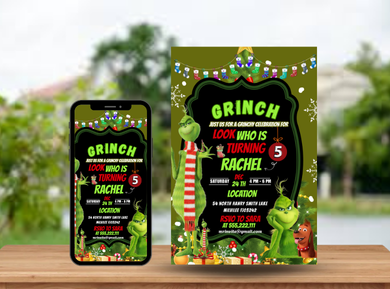 Grinchmas Themed Digital Birthday Card Invitation - Personalized Card theme Digital Invites