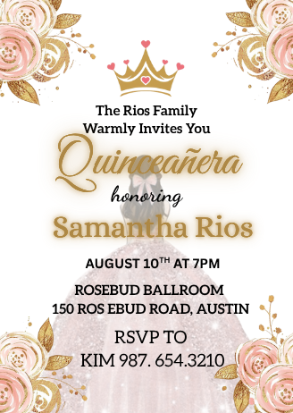 Pink &amp; Gold Floral Princess Quinceanera Card Invitation - Elegant Royal Digital Card invite