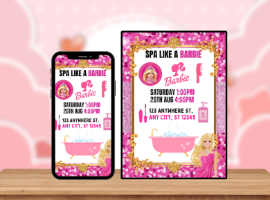 Barbie Spa Party Digital Invitation - Glamorous &amp; Custom Birthday Card Invitation