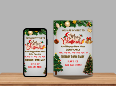Merry &amp; Bright Christmas Party Card Invitation – Custom Digital Celebration Card Invitation
