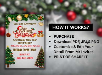 Merry &amp; Bright Christmas Party Card Invitation – Custom Digital Celebration Card Invitation
