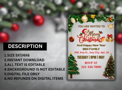 Merry &amp; Bright Christmas Party Card Invitation – Custom Digital Celebration Card Invitation