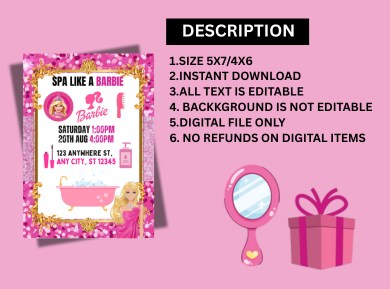 Barbie Spa Party Digital Invitation - Glamorous &amp; Custom Birthday Card Invitation