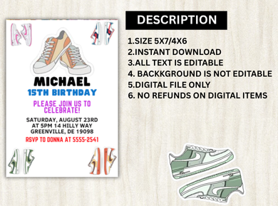 Sneaker Ball Birthday Card Invitation - Custom Multicolor Digital Card Invite