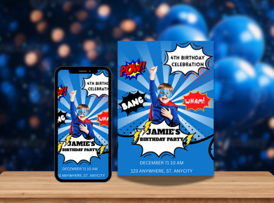Personalized Baby Superhero Birthday Card Invitation - Digital Baby Hero Theme Party Invite