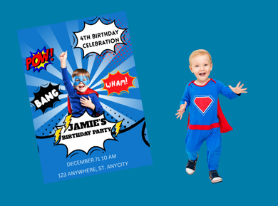 Personalized Baby Superhero Birthday Card Invitation - Digital Baby Hero Theme Party Invite