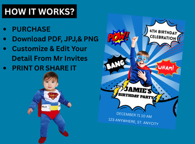 Personalized Baby Superhero Birthday Card Invitation - Digital Baby Hero Theme Party Invite