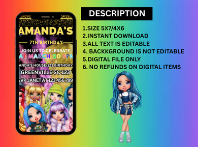 Rainbow High Digital Birthday Card Invitation - Personalized Party Card Design