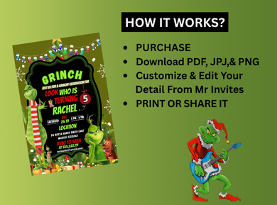 Grinchmas Themed Digital Birthday Card Invitation - Personalized Card theme Digital Invites