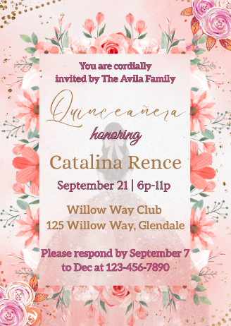 Gold Frame &amp; Pink Wash Theme Quinceanera Card Invitation - Personalized Digital Invite