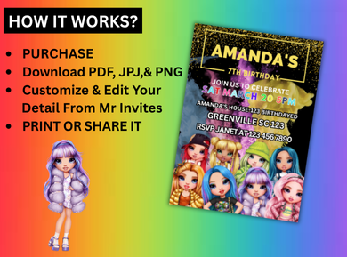 Rainbow High Digital Birthday Card Invitation - Personalized Party Card Design