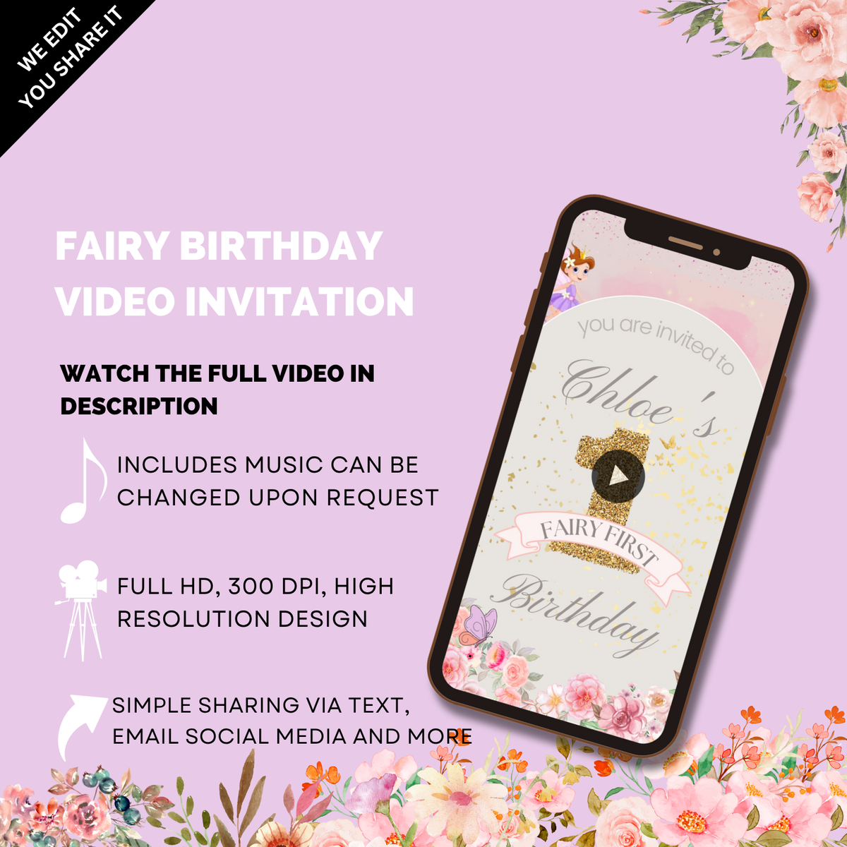 Enchanted Fairy Pink Theme Birthday Digital Invitation – Custom Video Invite for a Magical Day!