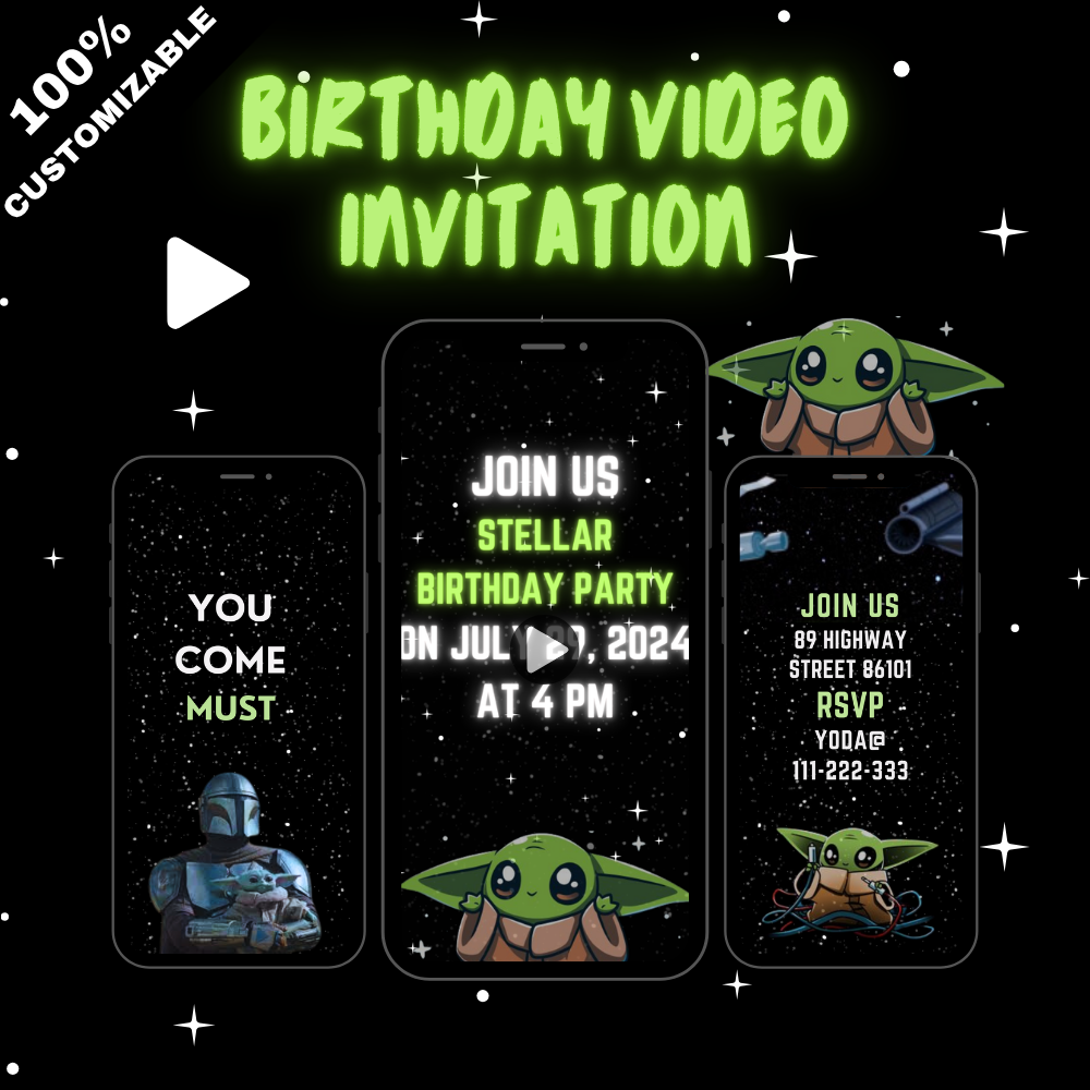 Baby Yoda Theme Birthday Video Invitation – Animated Star Wars Party Digital Invite for Kids