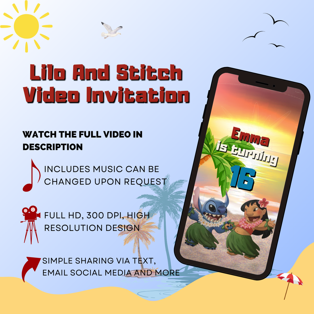 Lilo and Stitch Birthday Video Invitation – Hawaiian Themed Party Digital Invite for Kids