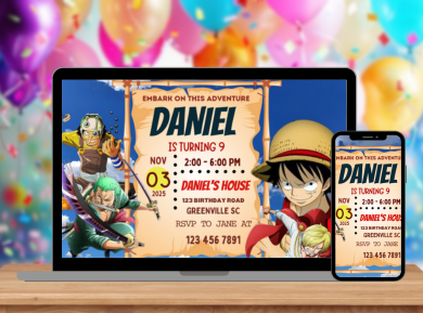 Sail into Fun One Piece Digital Birthday Card Invitation - Custom Pirate Party Digital Invite