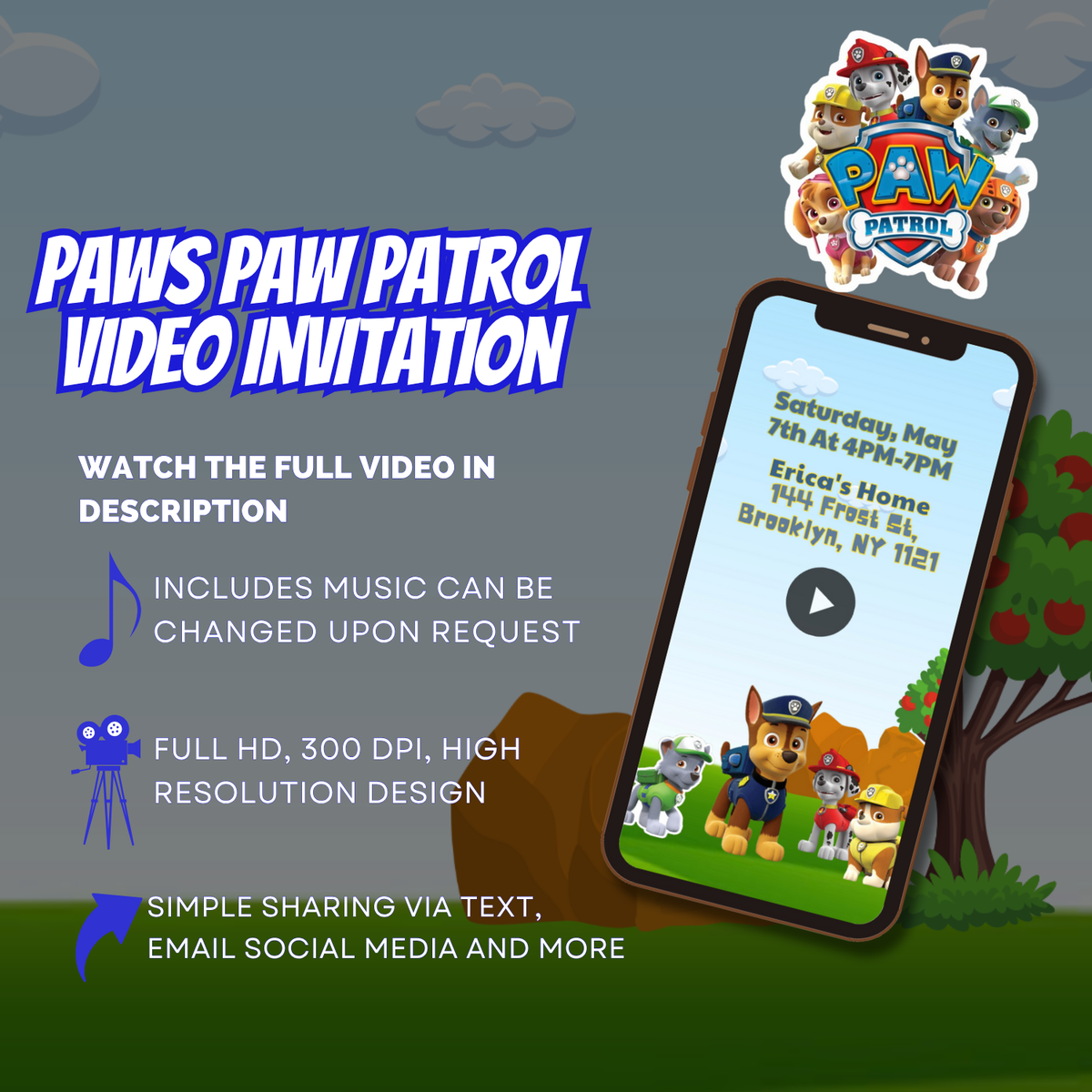 Paws Paw Patrol Birthday Party Video Invitation - Animated Paws Paw Theme Digital Invites