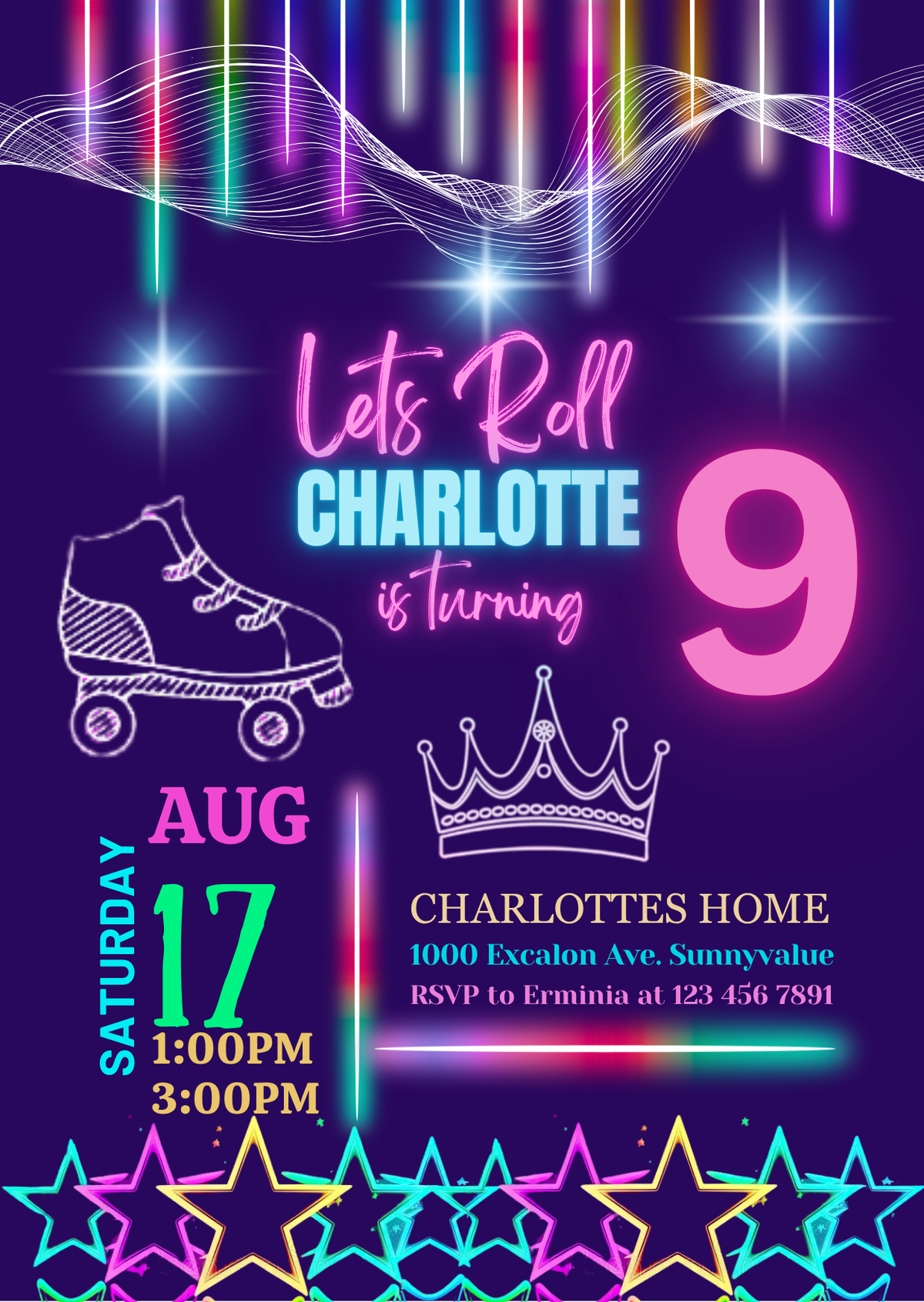 Personalized Roller Skating Digital Birthday Card Invitation - Glow in the Dark Theme Digital Invite