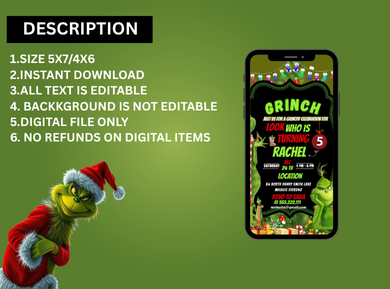 Grinchmas Themed Digital Birthday Card Invitation - Personalized Card theme Digital Invites