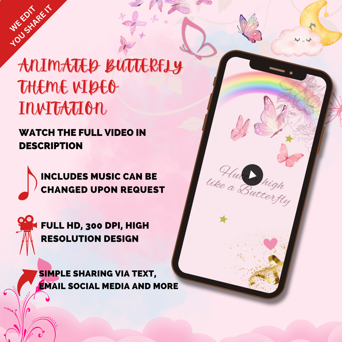 Pink Butterfly Theme Birthday Video Invitation – Whimsical &amp; Sweet Digital Invite