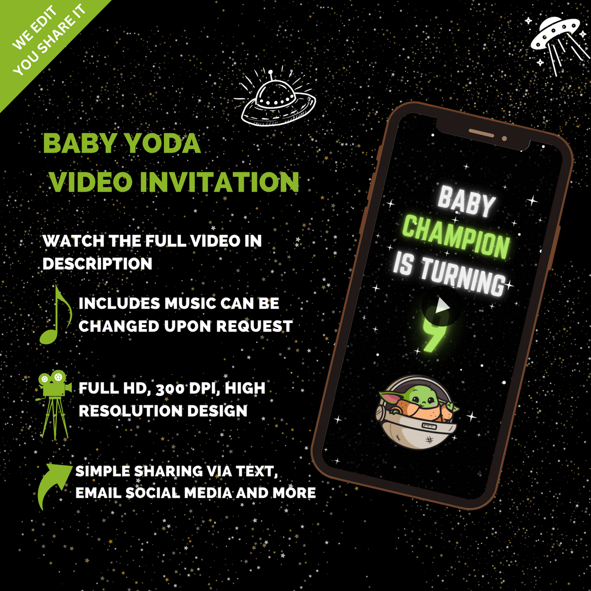 Baby Yoda Theme Birthday Video Invitation – Animated Star Wars Party Digital Invite for Kids