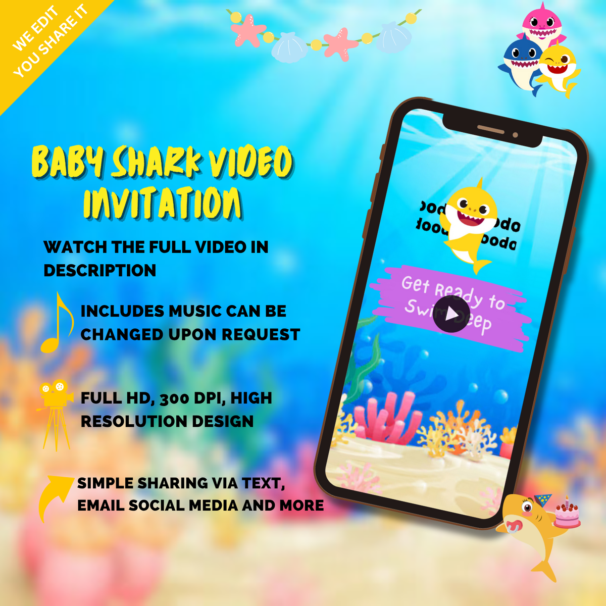 Baby Shark Kids Birthday Video Invitation – Animated Party Digital Invite for Kids