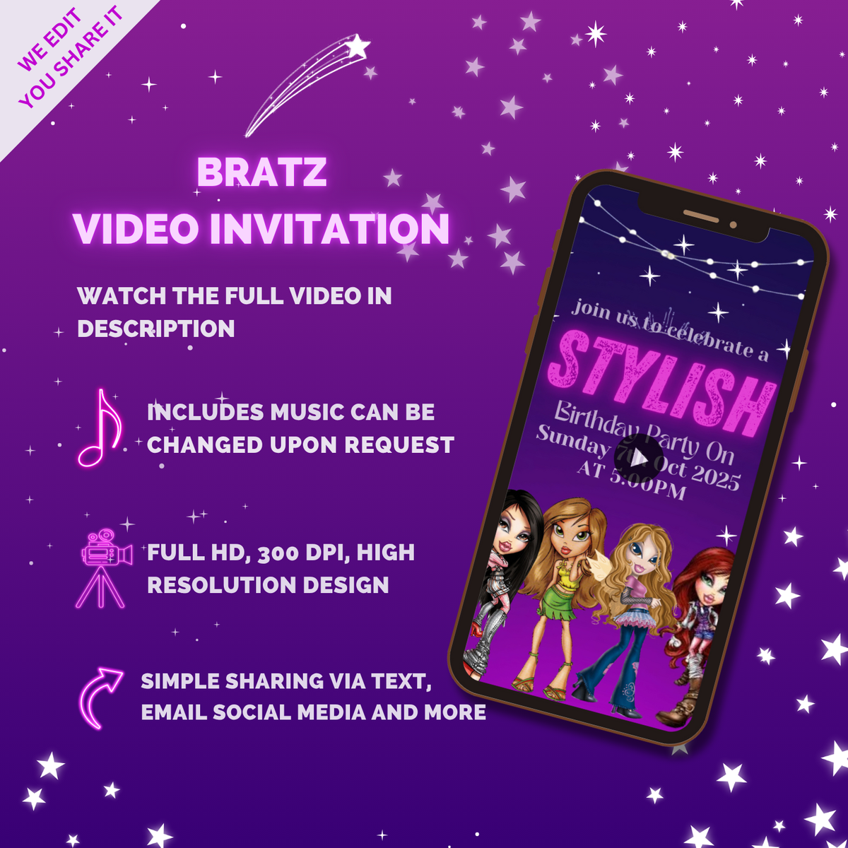 Bratz Birthday Theme Video Invitation – Bratz Girl Party Digital Invite for Stylish Kids