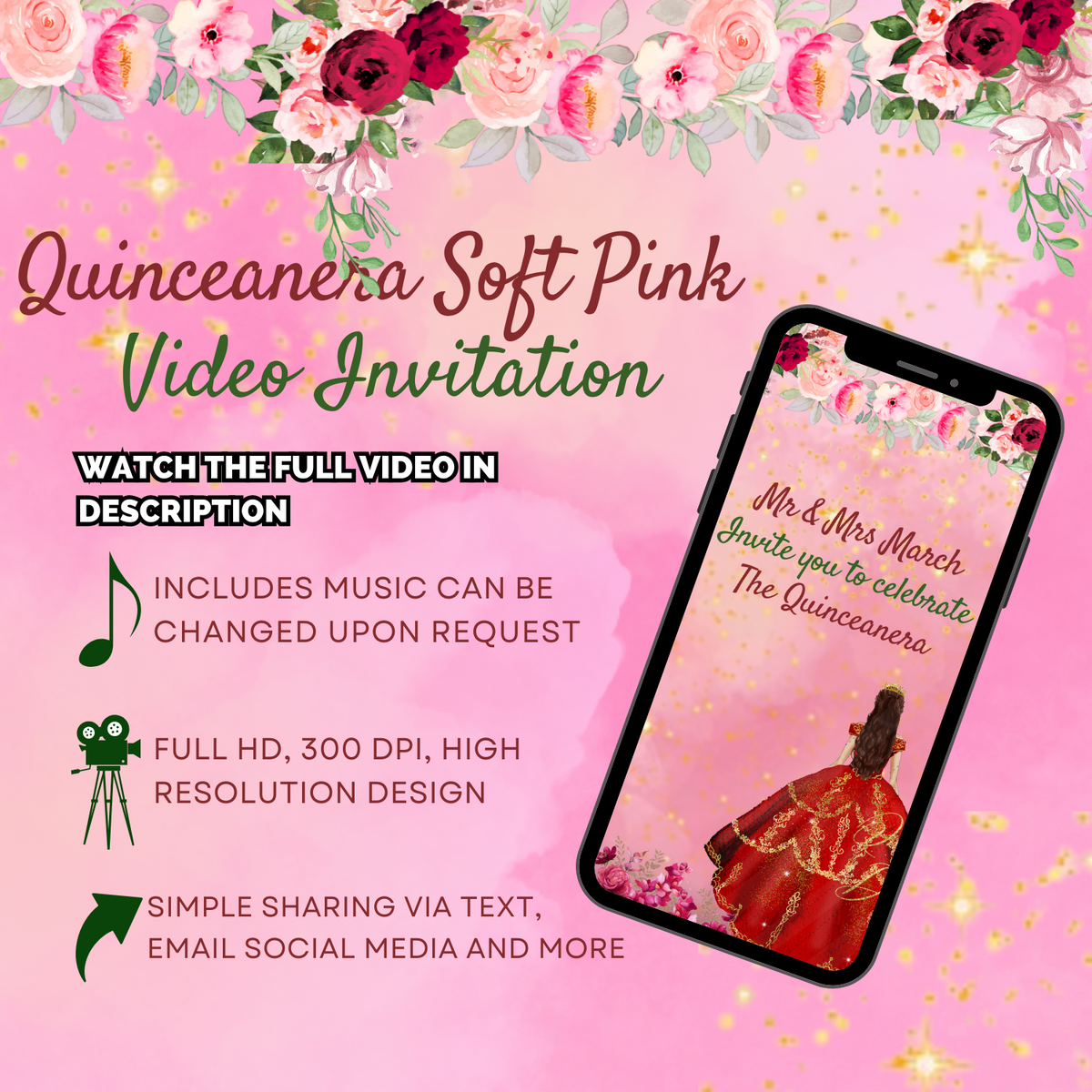 Burgundy Floral &amp; Gold Quinceanera Video Invitation - Quinceanera Theme Digital Invite