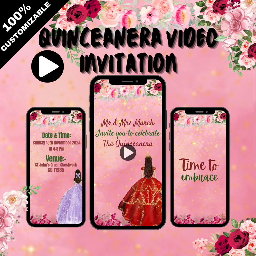 Burgundy Floral &amp; Gold Quinceanera Video Invitation - Quinceanera Theme Digital Invite