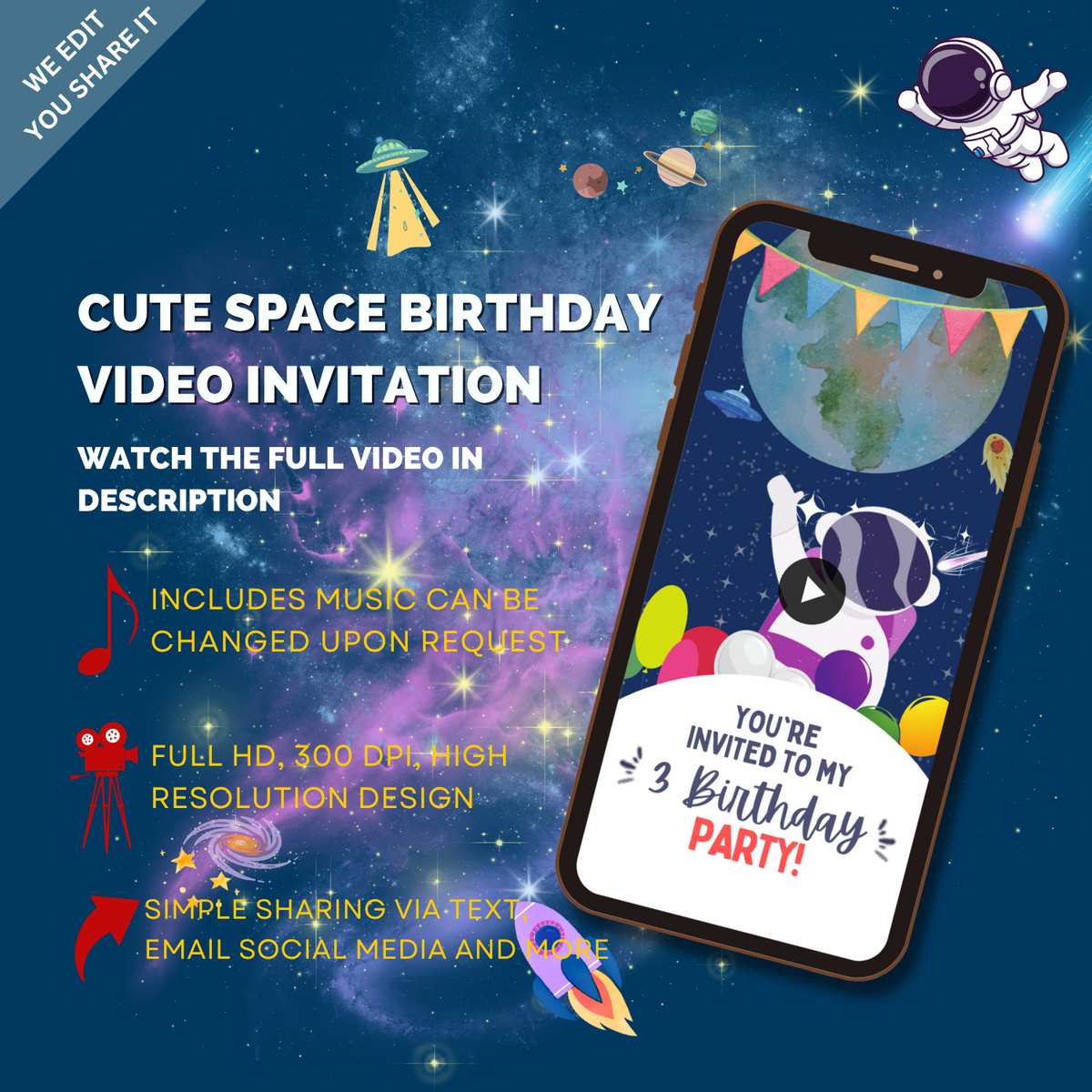 Cute Space Birthday Video Invitation for Kids - Fun &amp; Personalized Space Party Digital Invite