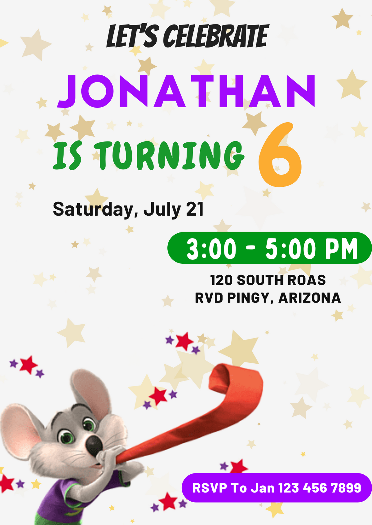 Chuck E. Cheese Themed Digital Invite - Fun Online Birthday Invitation