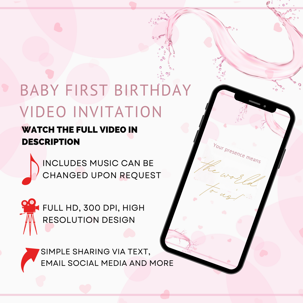 Elegant 1st Birthday Video Invitation – Pink &amp; Gold Princess Theme Digital Invite for Girls
