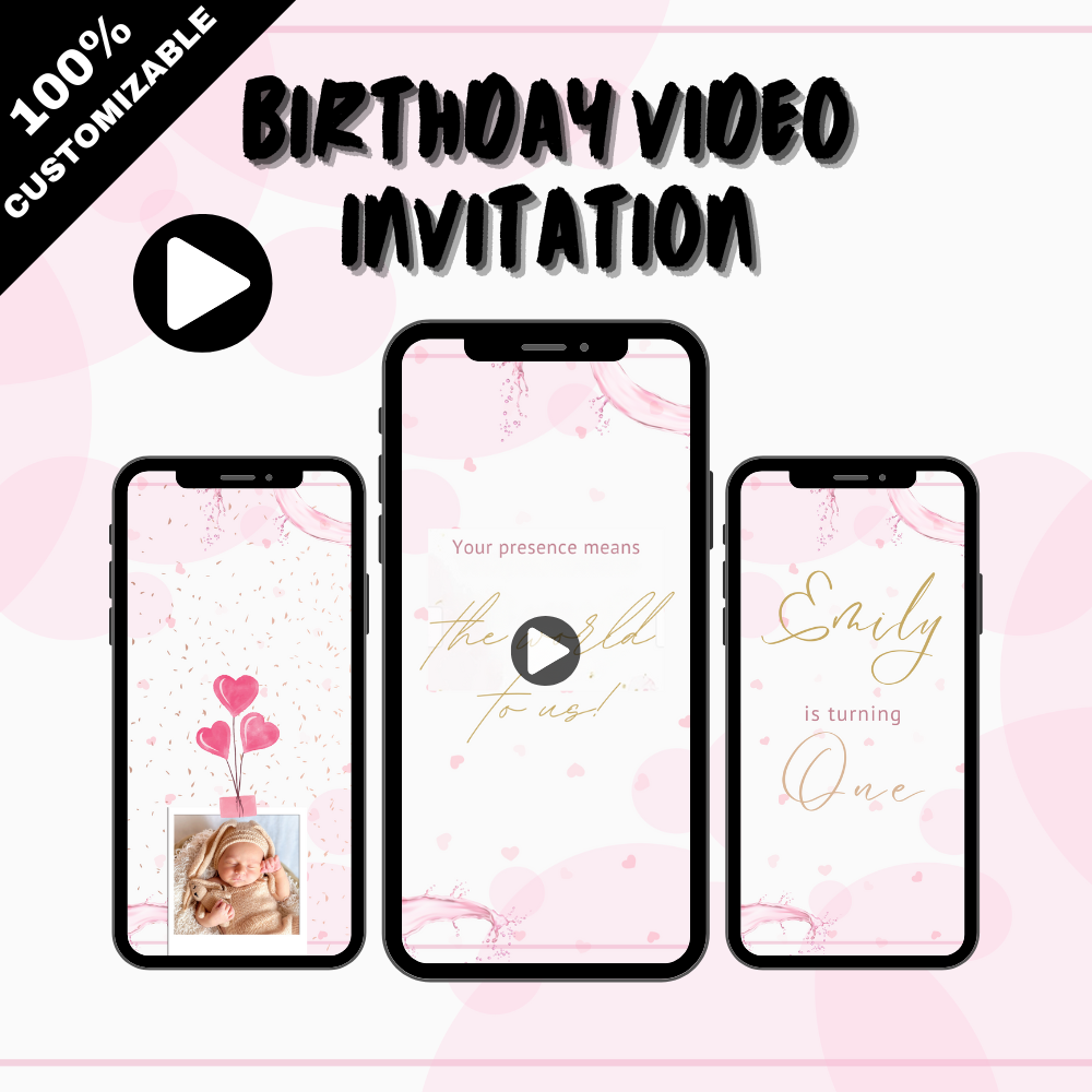 Elegant 1st Birthday Video Invitation – Pink &amp; Gold Princess Theme Digital Invite for Girls