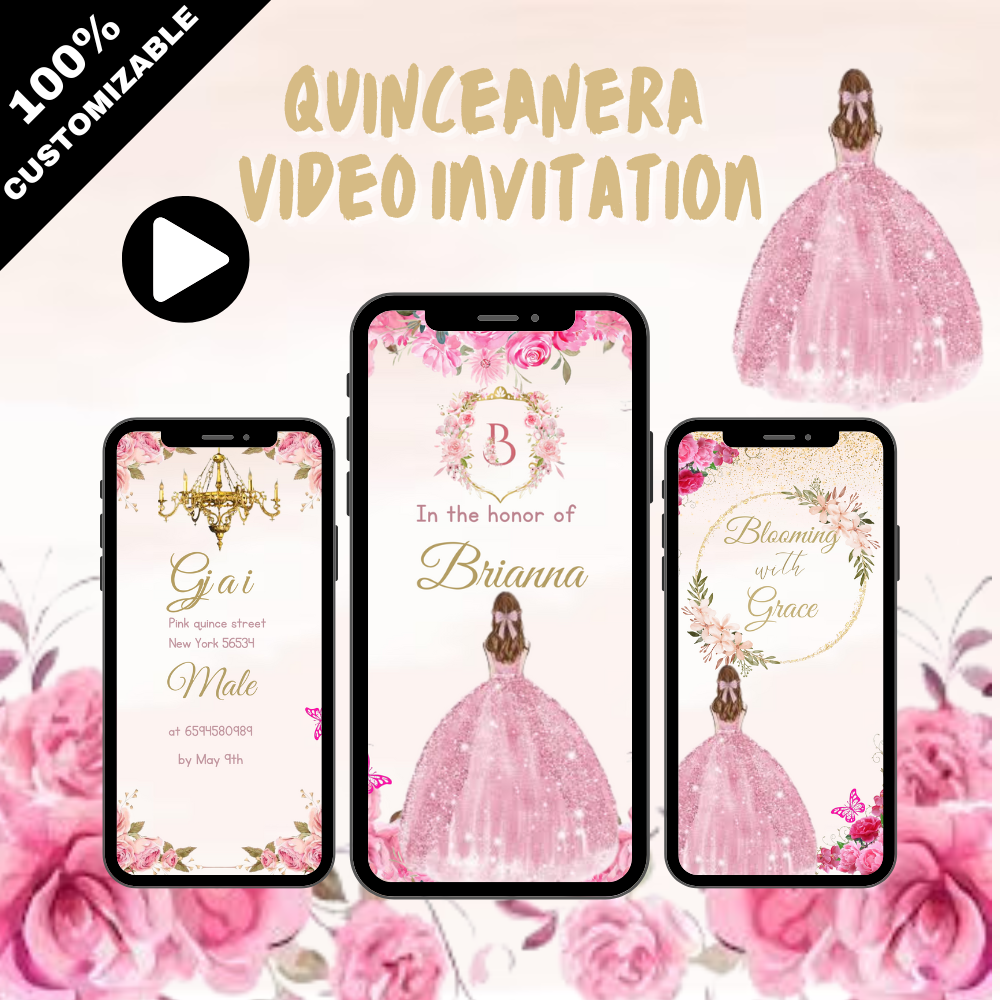 Soft Pink &amp; Gold Quinceañera Digital Invitation - For Her Special Day A Graceful Video Invite