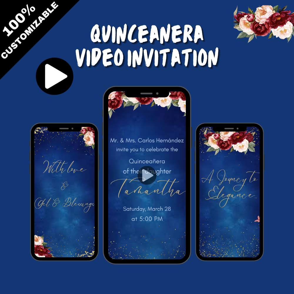 Royal Blue &amp; Burgundy Floral Quinceañera Video Invitation - Elegant Quince Años Digital Invite