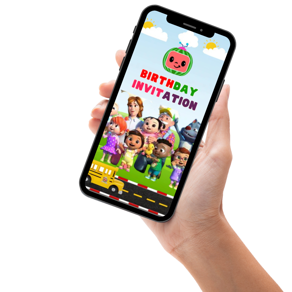 Wheels on the Bus Cocomelon Birthday Video Invitation – Animated Birthday Party Digital Invite
