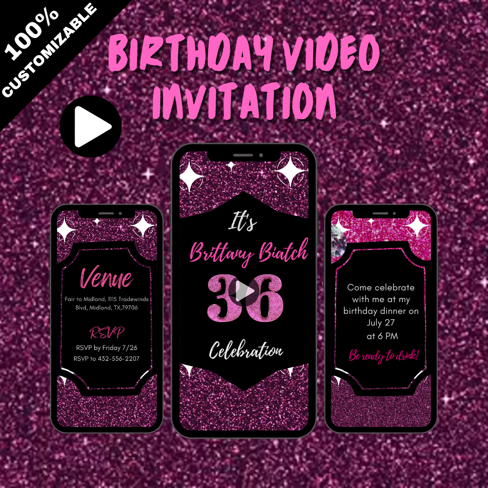 Hot Pink Glitter Theme Birthday Video Invitation - Pink Glitter Theme Digital party Invite