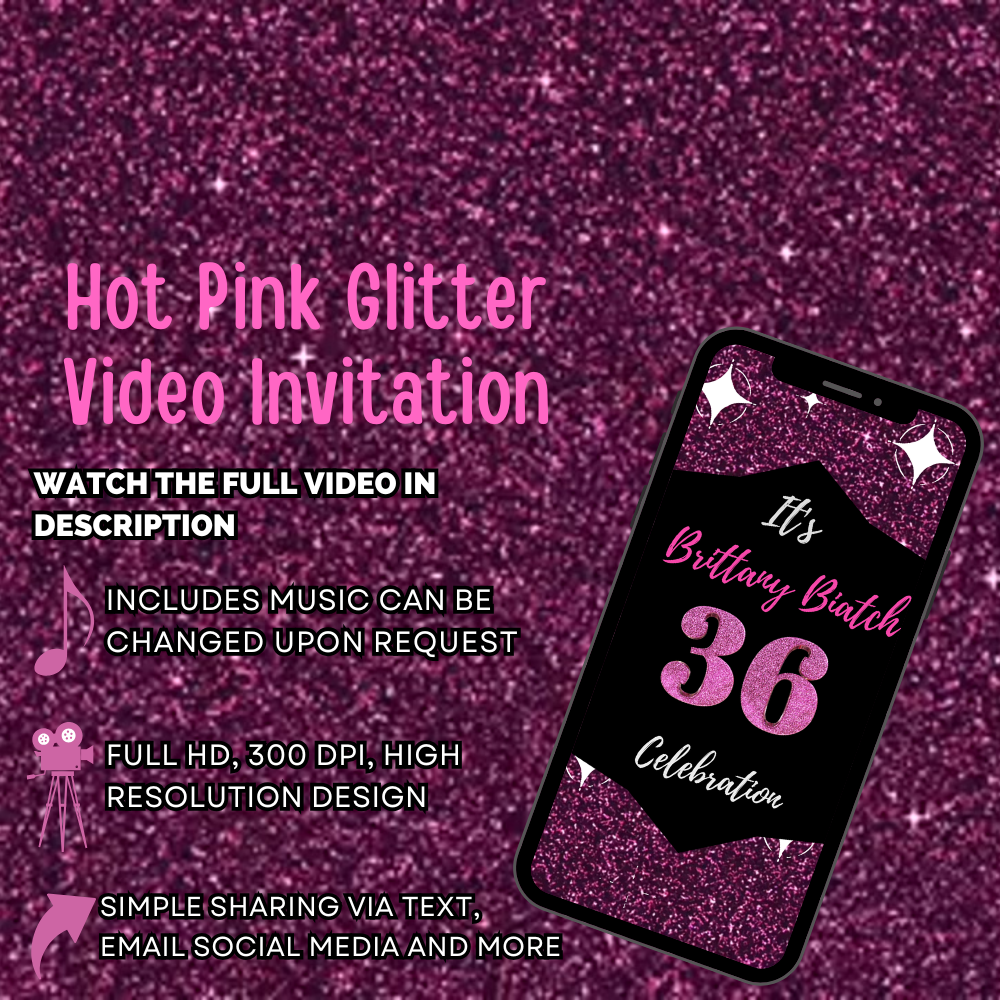 Hot Pink Glitter Theme Birthday Video Invitation - Pink Glitter Theme Digital party Invite