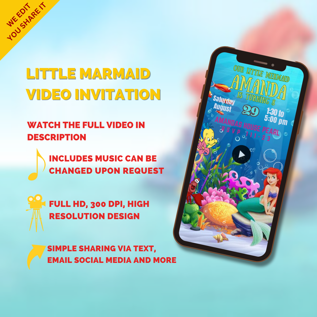 Little Mermaid Birthday Video Invitation – Animated Digital Invite for Kids