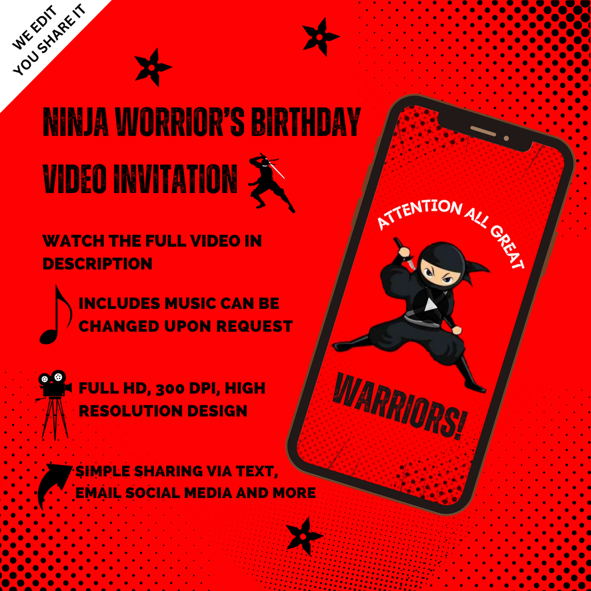 American Ninja Boy Birthday Video Invitation – Ninja Themed Party Digital Invite for Kids